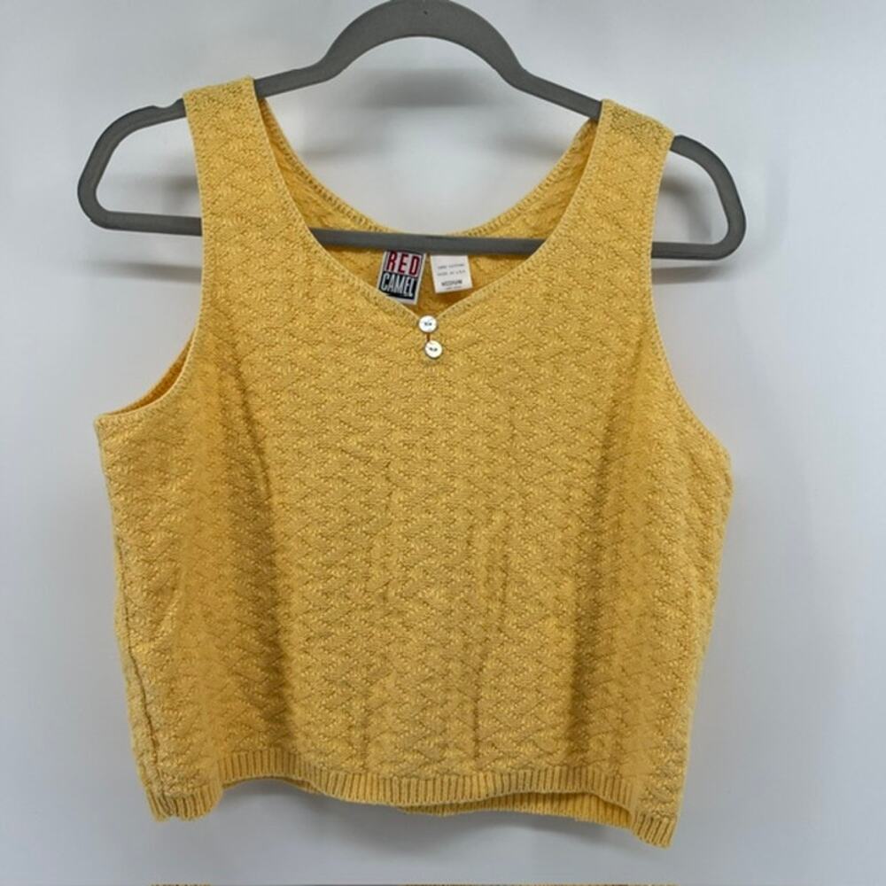 VTG 90s Cropped Pointelle Knit Sweater Tank Top Womens M Yellow Button Cottage